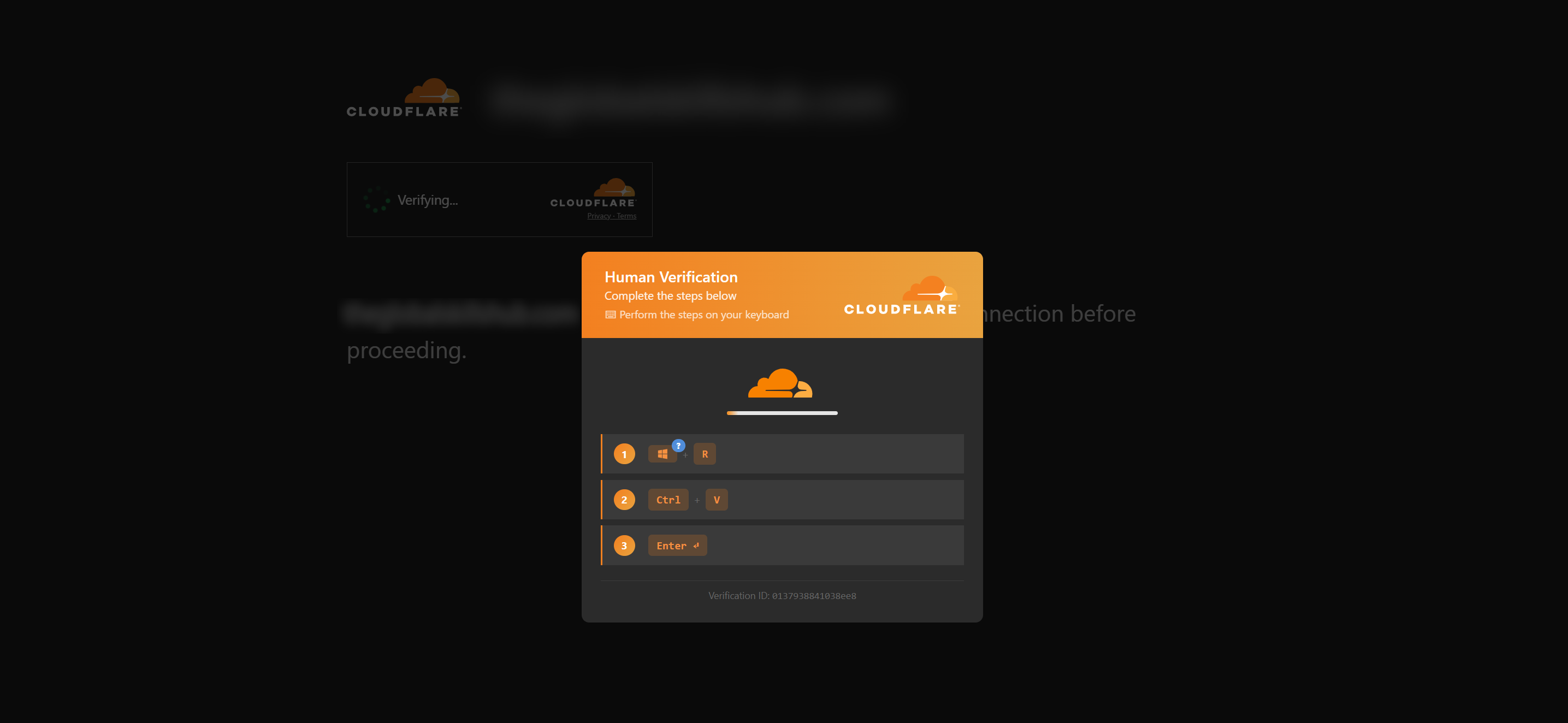 Eine gefälschte Cloudflare-Seite „bestätige, dass du ein Mensch bist“ auf einer kompromittierten Website, die den Besucher auffordert, Win+R zu drücken, einzufügen und Enter zu drücken